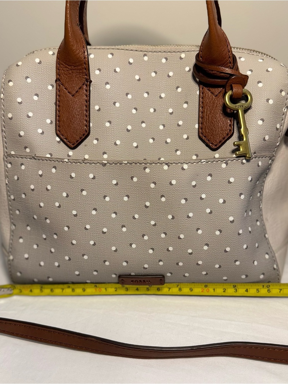 Fossil Fiona Women's Satchel, White And Gray Brown Leather Handles Signature Key - Picture 4 of 10